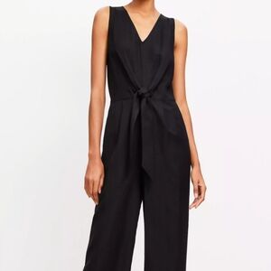 LOFT Tie Front Linen Blend Jumpsuit - Black